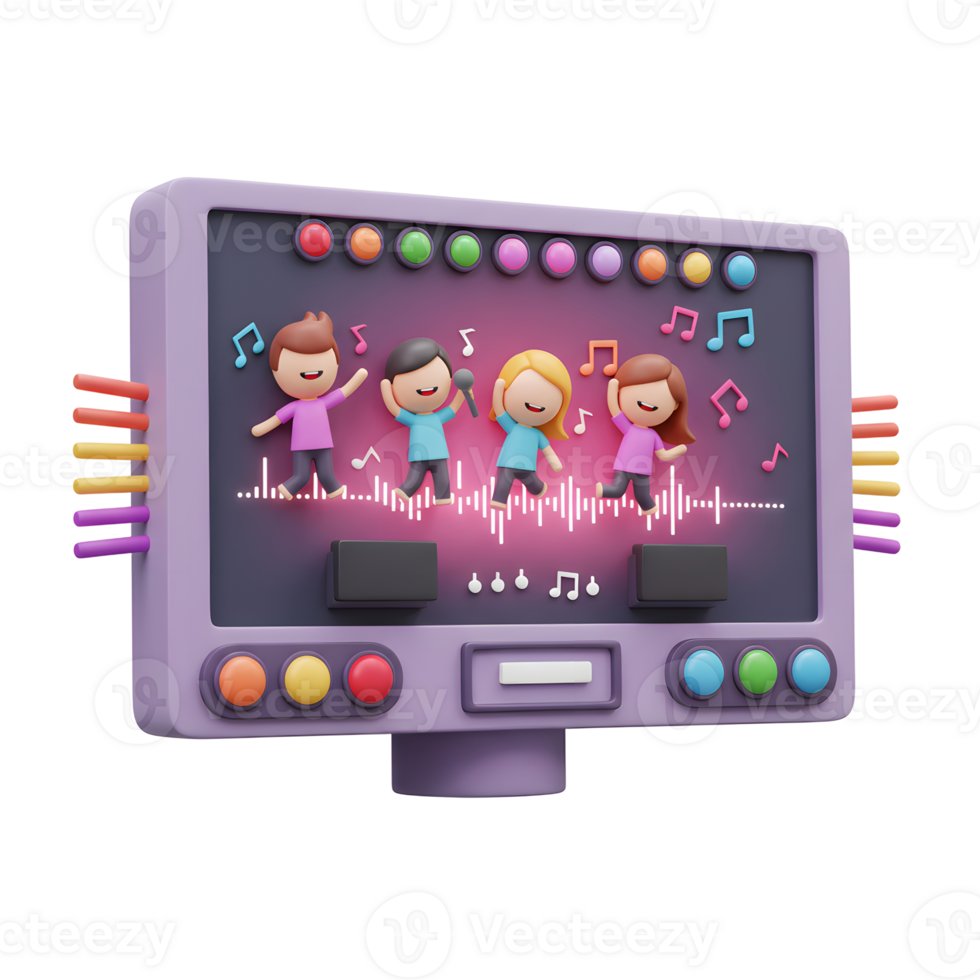 A cartoon band is performing on a screen with music notes, showing an entertainment application. png
