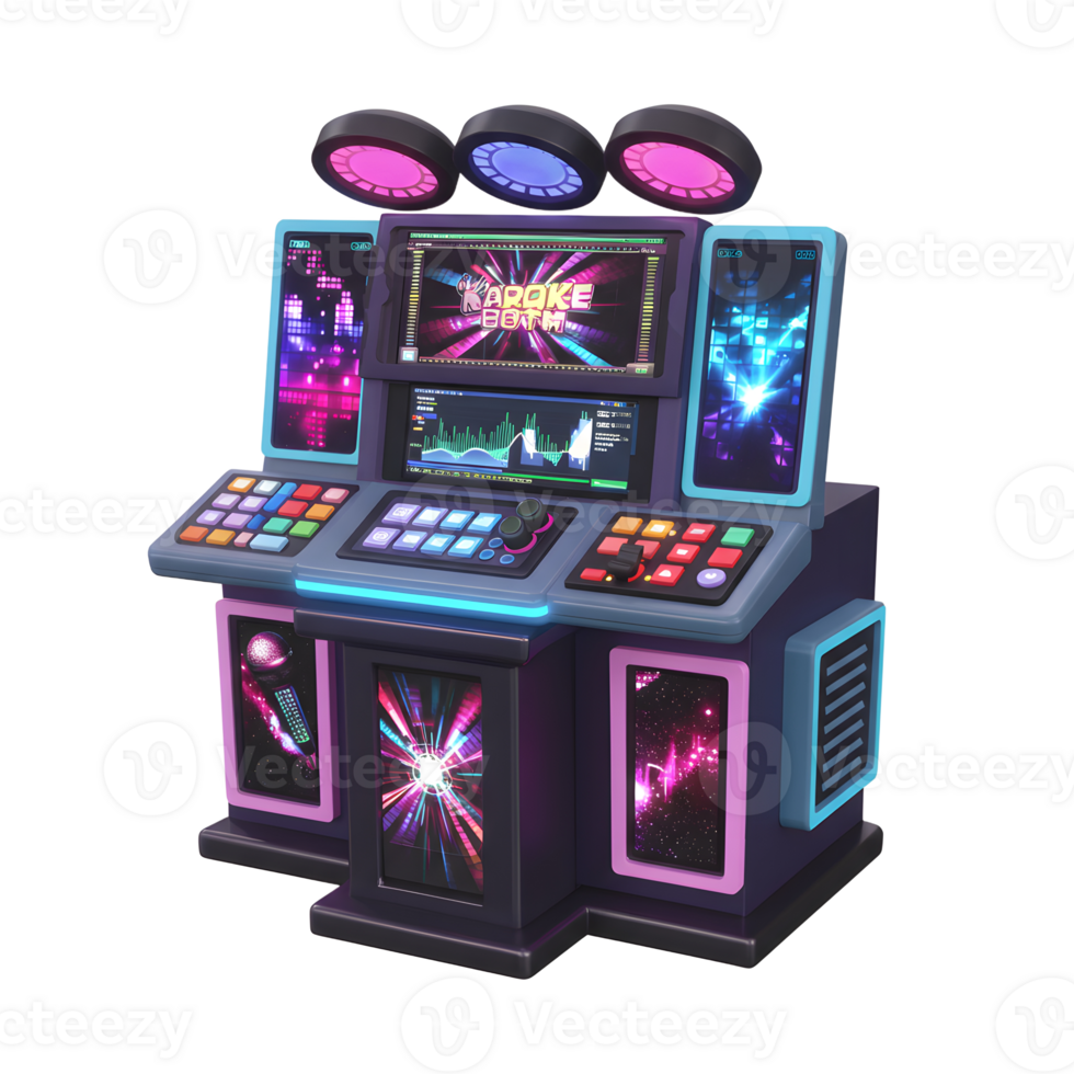 An isolated karaoke booth machine features multiple screens and buttons, making it ready for interactive music entertainment. png