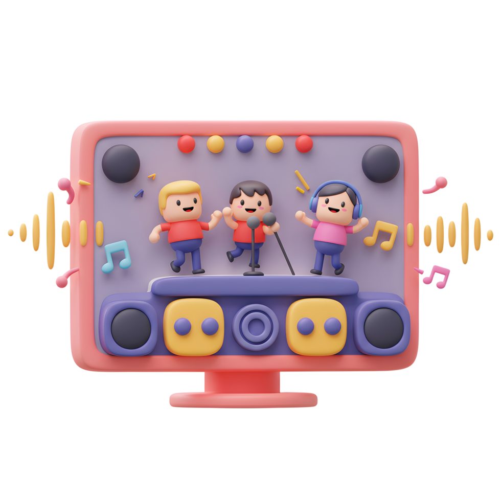 Cartoon characters are performing a song on a stage within a digital device, representing the use of a live music application. png