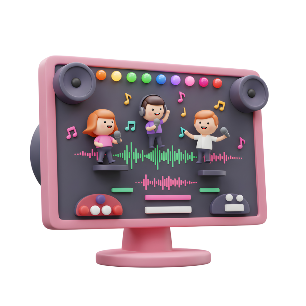 Three cartoon people are singing on a screen with music notes and waves, the screen also has speakers and control knobs for musical entertainment. png