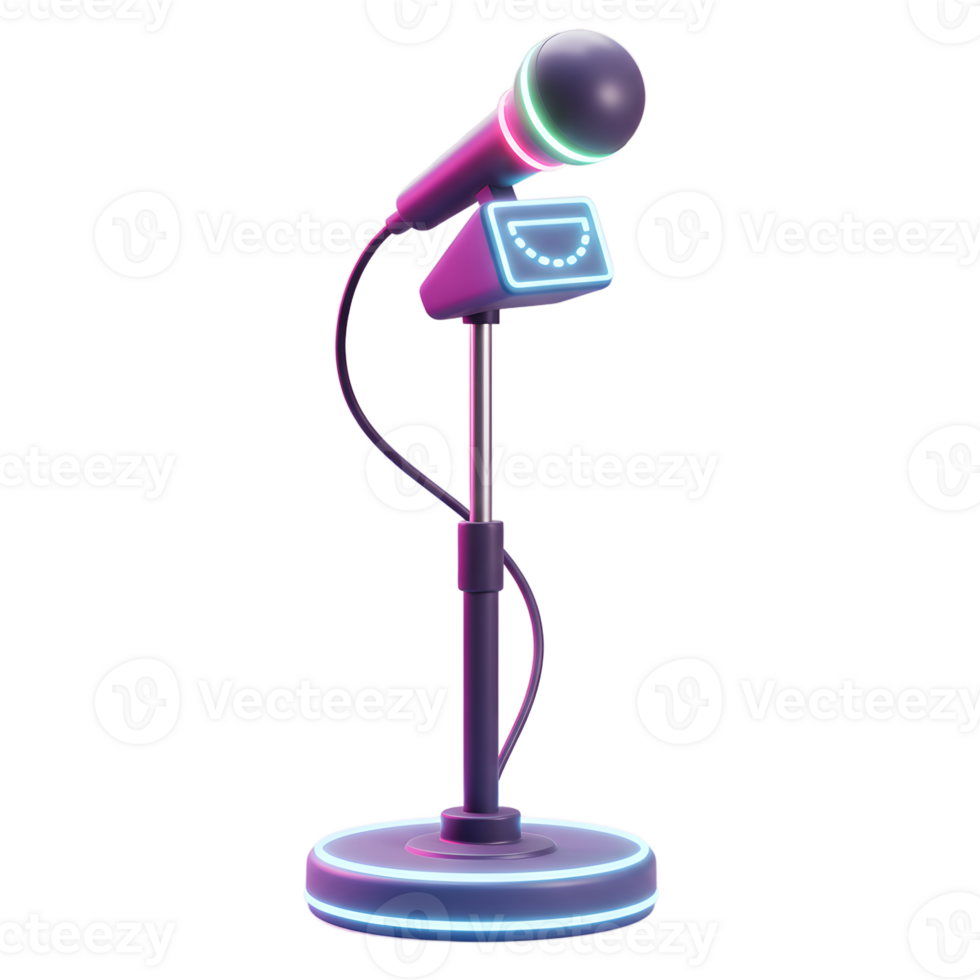 A sleek microphone stands tall with glowing neon accents, perfect for stage performances or recording sessions. png