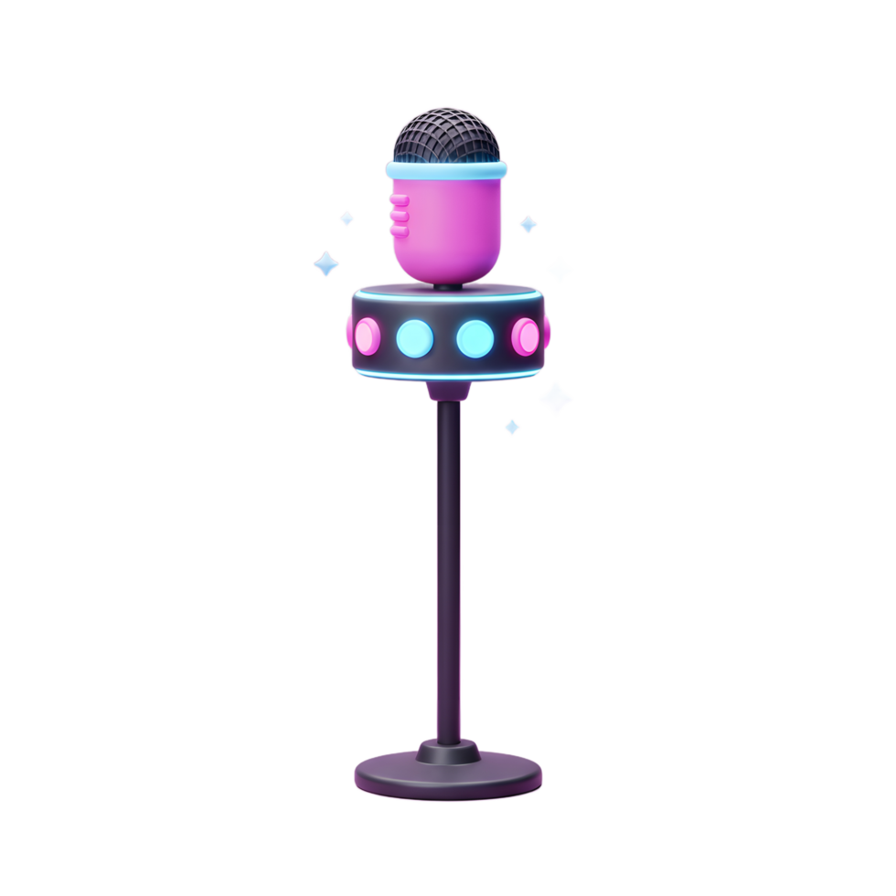 A pink cartoon microphone sits atop a black stand adorned with blue and pink lights, adding a fun and playful touch to any performance or recording setup. png