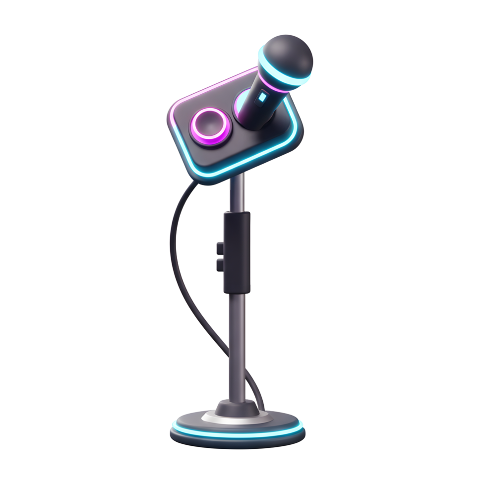 A microphone stands tall with a sleek design accented by vibrant neon lights, perfect for recording studios or online streams. png
