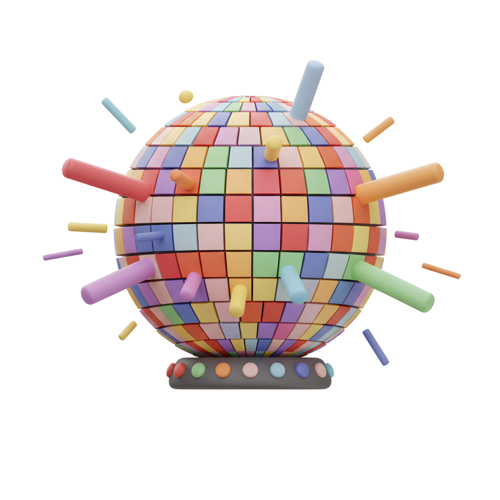 A colorful disco ball with cylindrical sticks projecting from its surface creates a playful and vibrant image, suitable for adding a fun element to designs. png