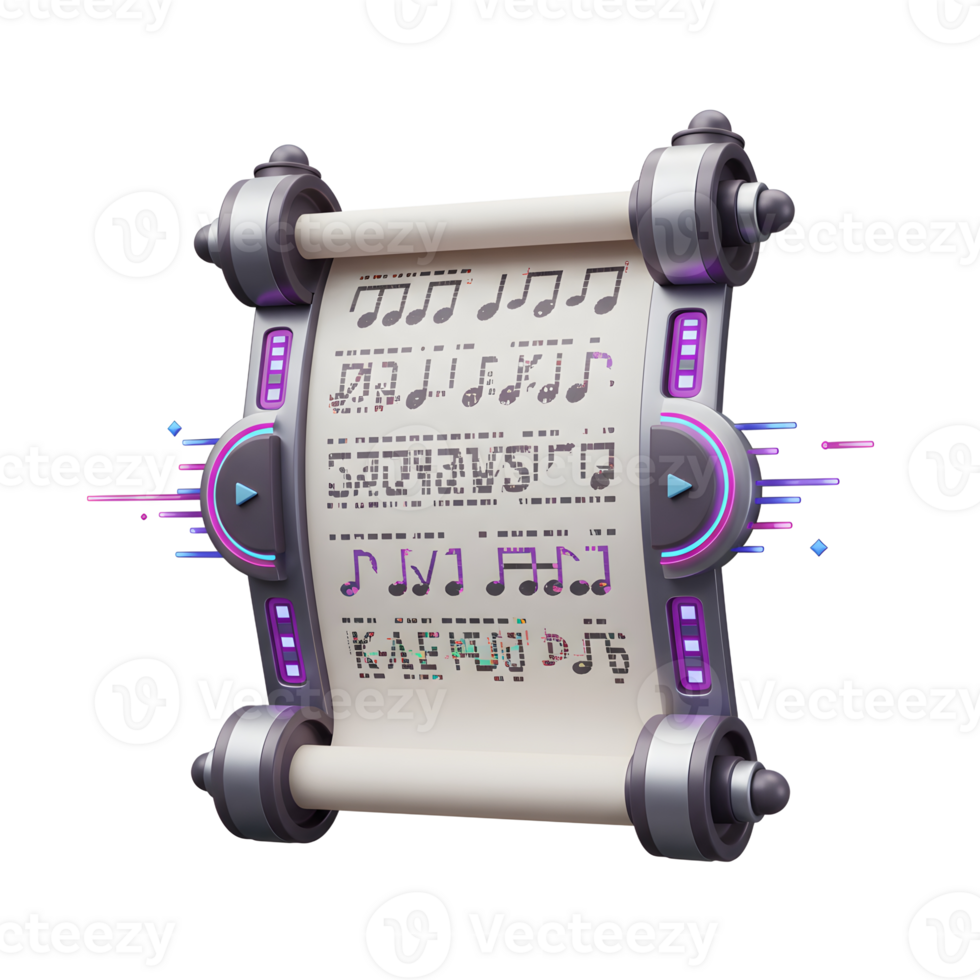 A stylized scroll displays musical notes and text, accented by a play button and neon lights, suggesting a futuristic interface for music playback. png