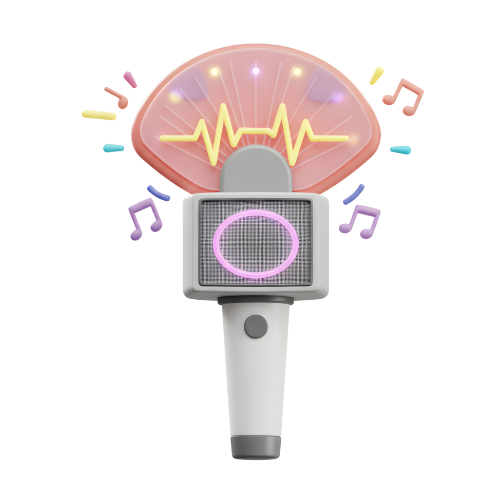 The light stick features an illuminated fan design, digital display with an glowing outline, and musical notes surrounding it, likely used at concerts. png