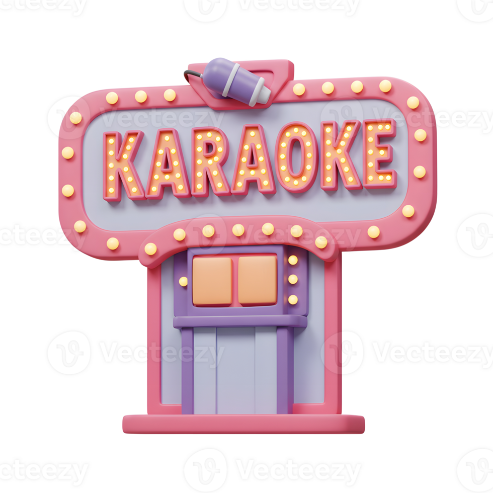 This 3D rendered image shows a cute karaoke booth with a lighted sign and microphone, suggesting it is used for singing karaoke. png
