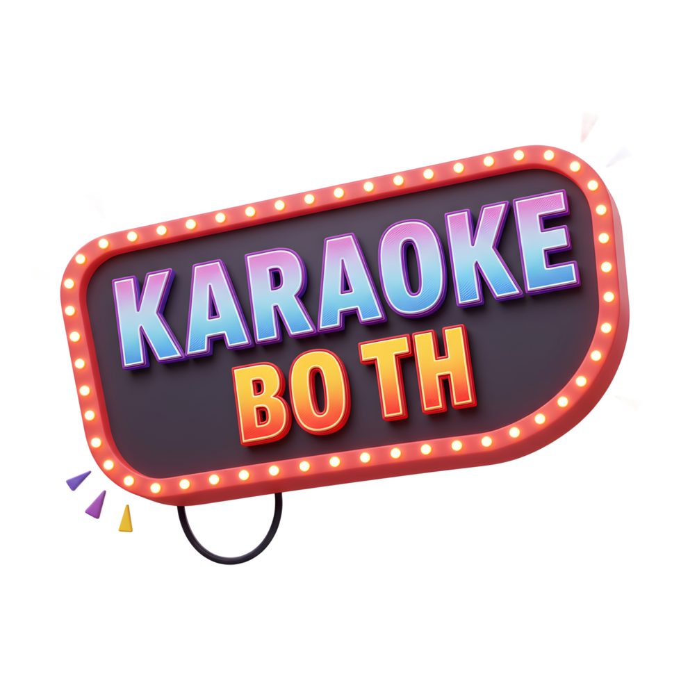A karaoke booth sign with colorful text and glowing lights is displayed, suggesting a fun and entertaining activity. png