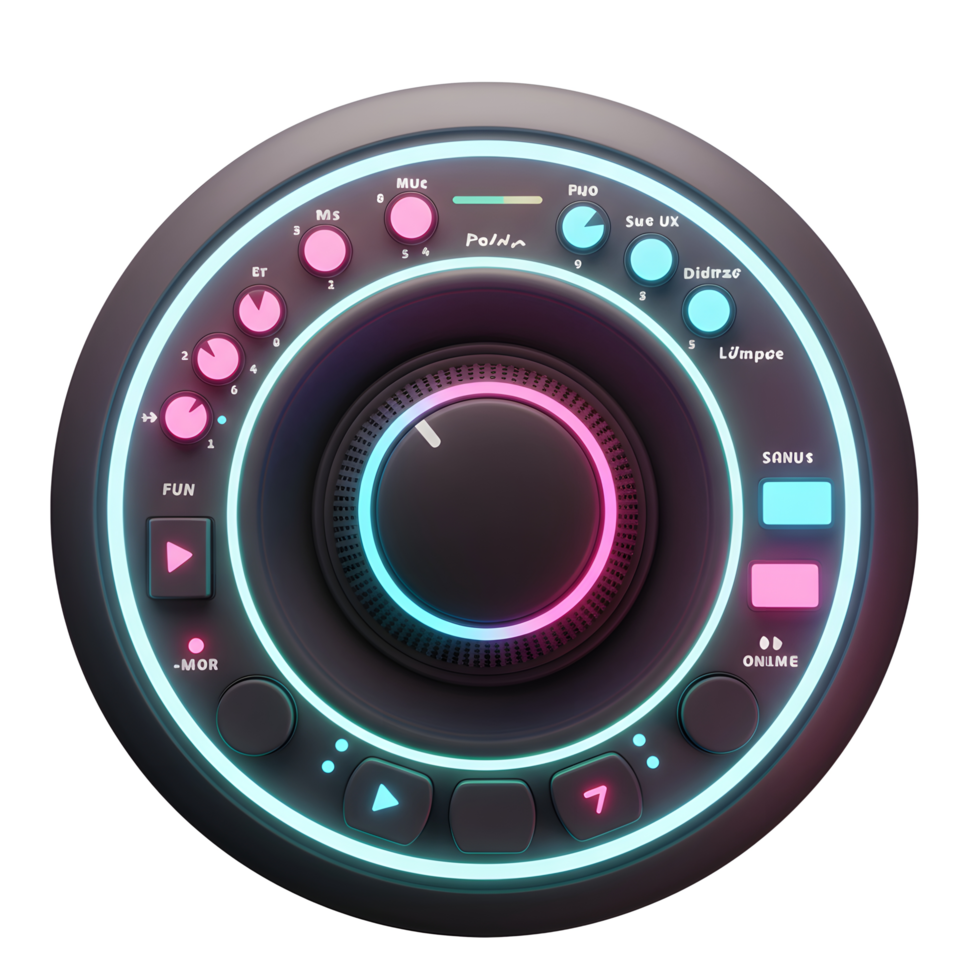 A dark futuristic control panel with illuminated buttons, knobs, and circular accents creates a visually engaging user interface design. png