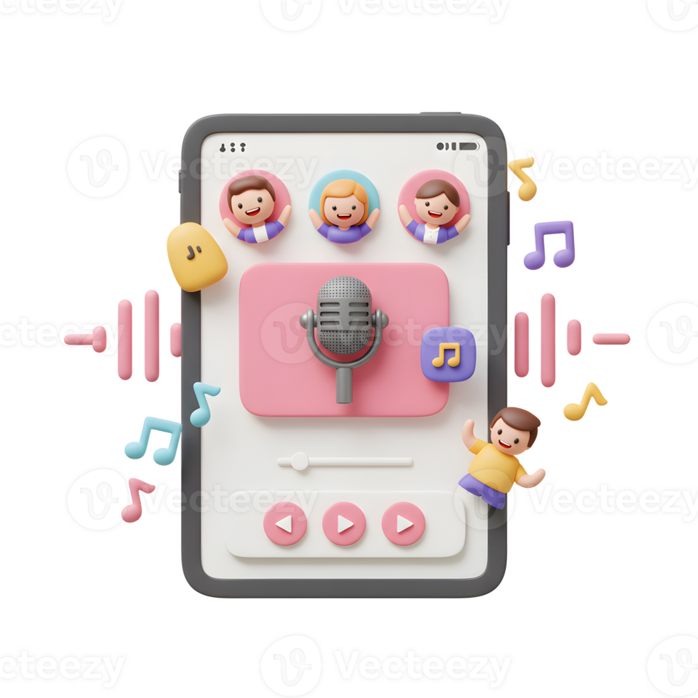This 3D render features a podcast application on a tablet, showcasing cartoon characters, a microphone, and musical notes, ideal for podcasting and digital media consumption. png