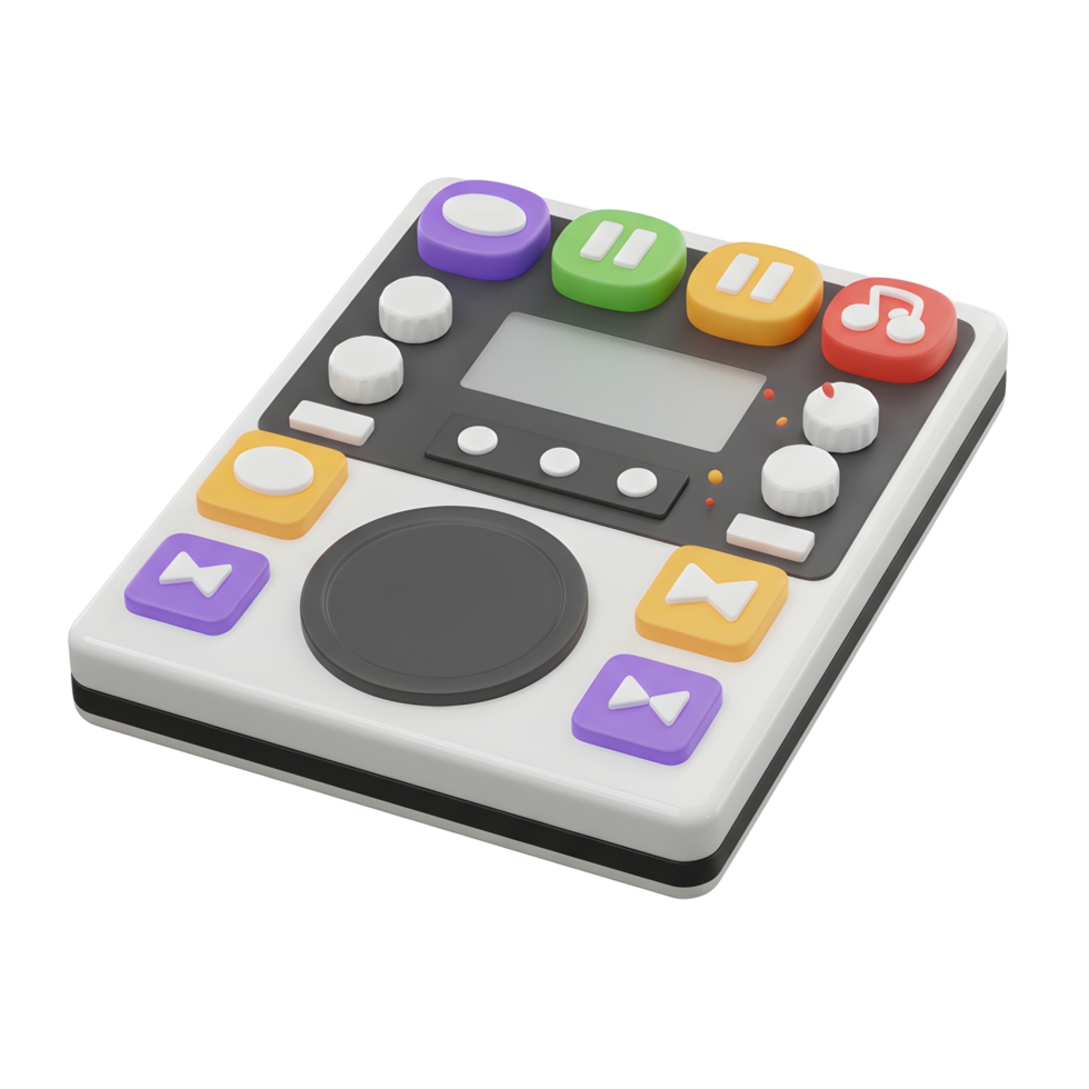 Close-up of a stylized DJ mixer controller featuring buttons, knobs, and a screen for audio mixing and music production. png