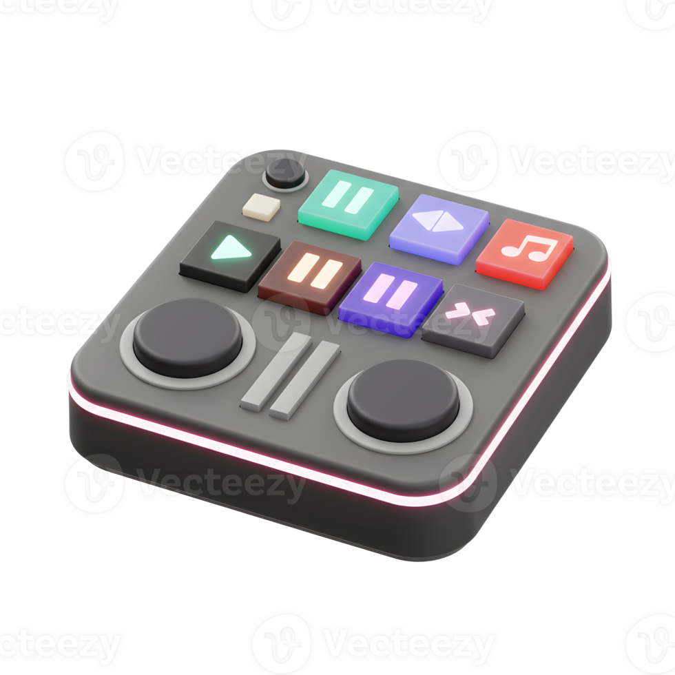 A grey DJ deck with various square buttons and two round knobs, providing an interface for controlling music or audio playback and manipulation. png