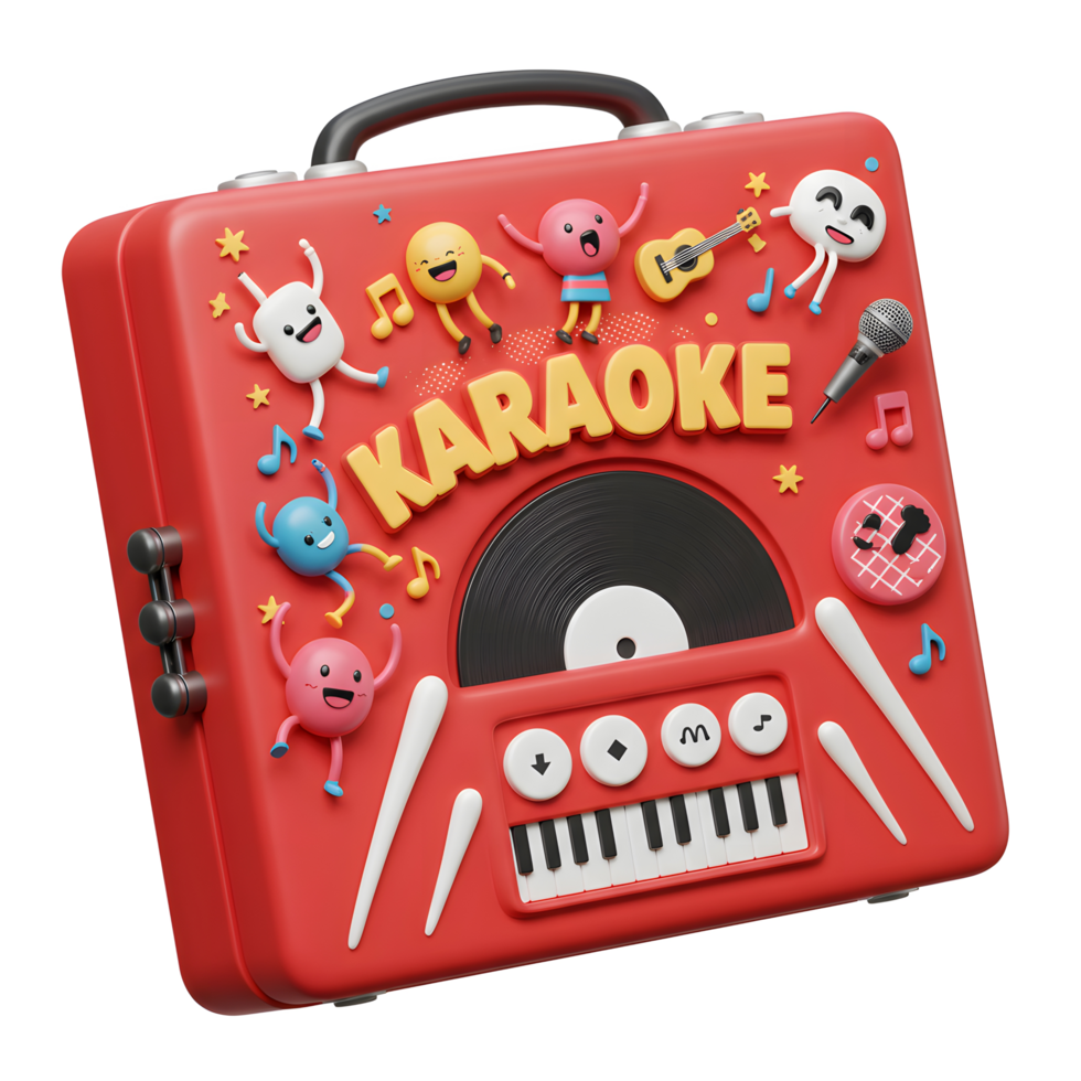 A red karaoke machine features cartoon characters, a microphone, and music notes, ideal for singing and entertainment. png