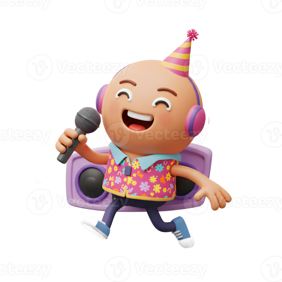 Cheerful cartoon character wearing headphones and a party hat sings into a microphone while running, representing lighthearted fun and musical entertainment. png