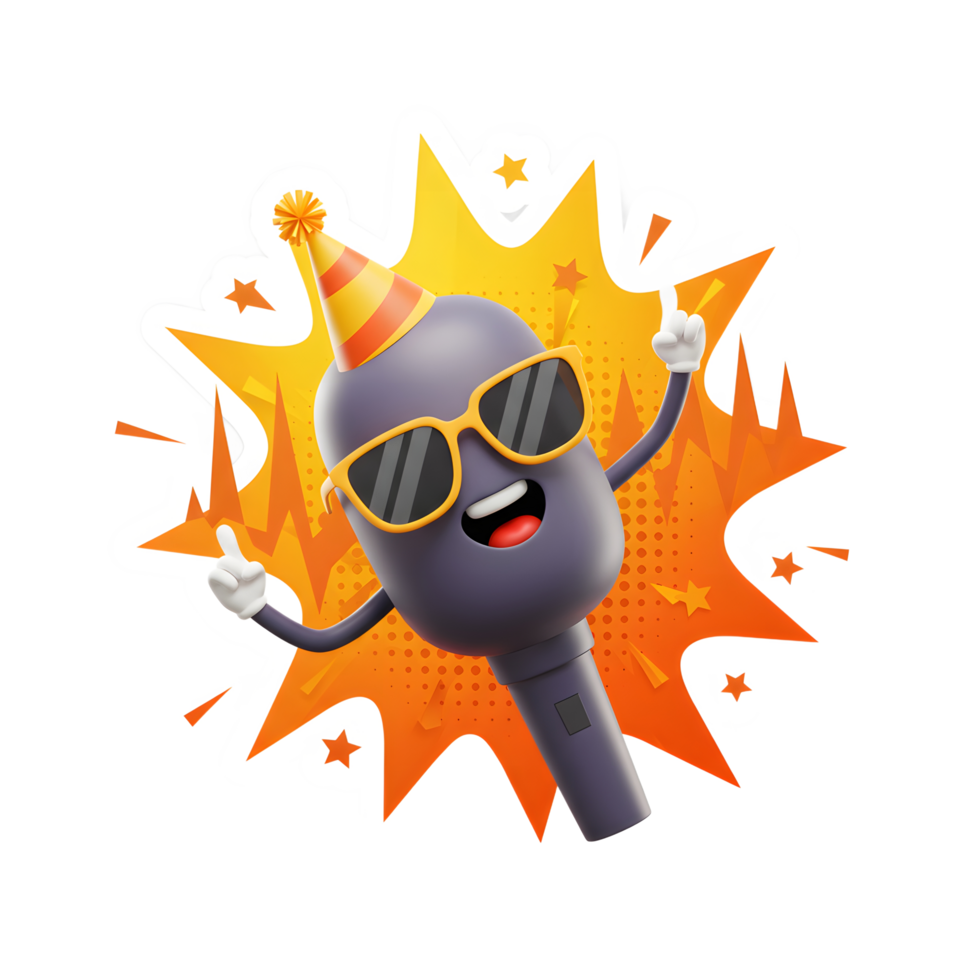 Cartoon microphone is wearing sunglasses and party hat, looking cheerful in front of a burst of orange color, great for entertainment design. png