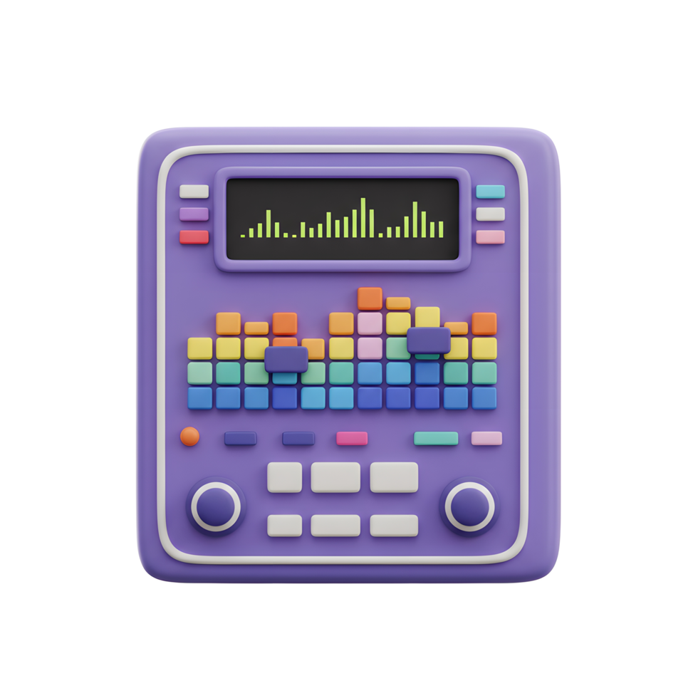 A purple audio mixer with a display and colorful equalizer is shown, suitable for mixing and adjusting sound levels. png