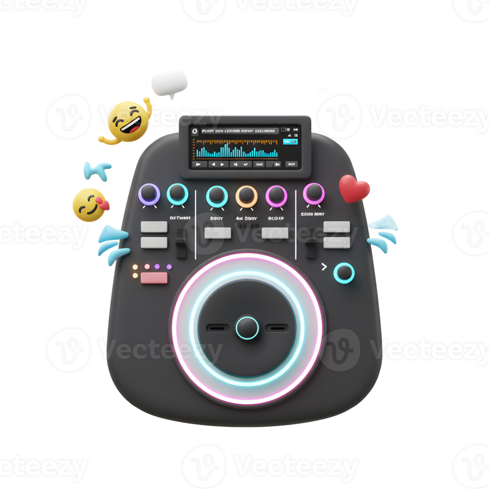A black DJ controller with emoji floating around it creates a fun and vibrant atmosphere for music creation. png