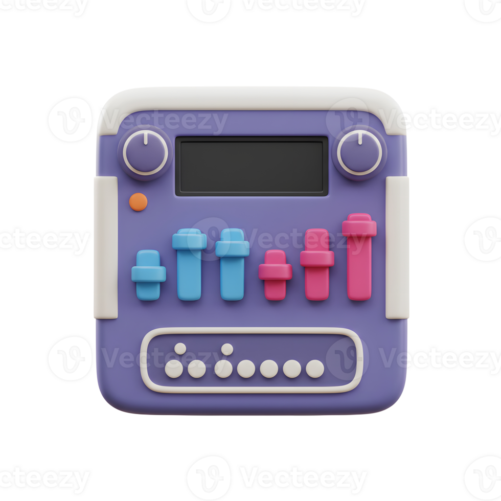 The digital sound mixer with blue and pink sliders features a minimalist design and could be used to adjust audio levels. png