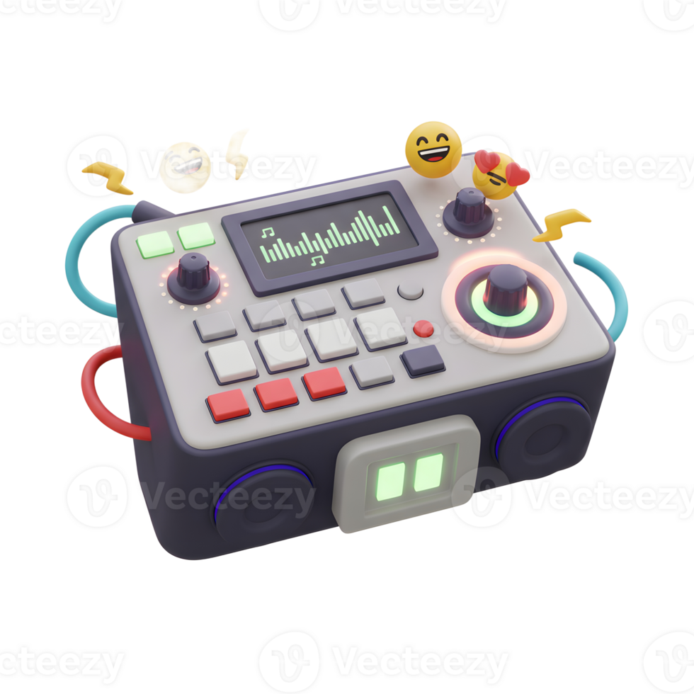 This is a 3D rendering of a grey sound mixer with a screen showing sound waves, along with various controls and emoji decorations, for creating fun audio mixes. png