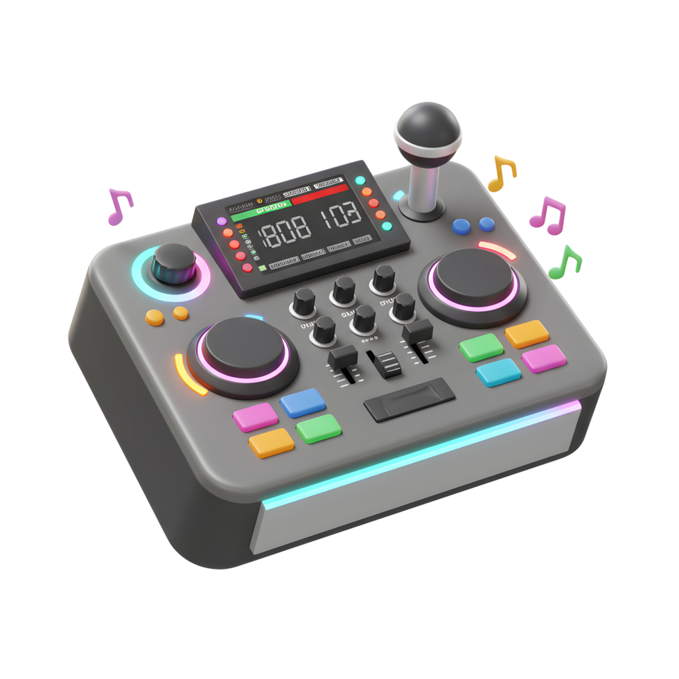 A gray DJ mixer with colorful buttons, a screen, and a microphone is displayed against a white background, suggesting use in music production and audio entertainment. png