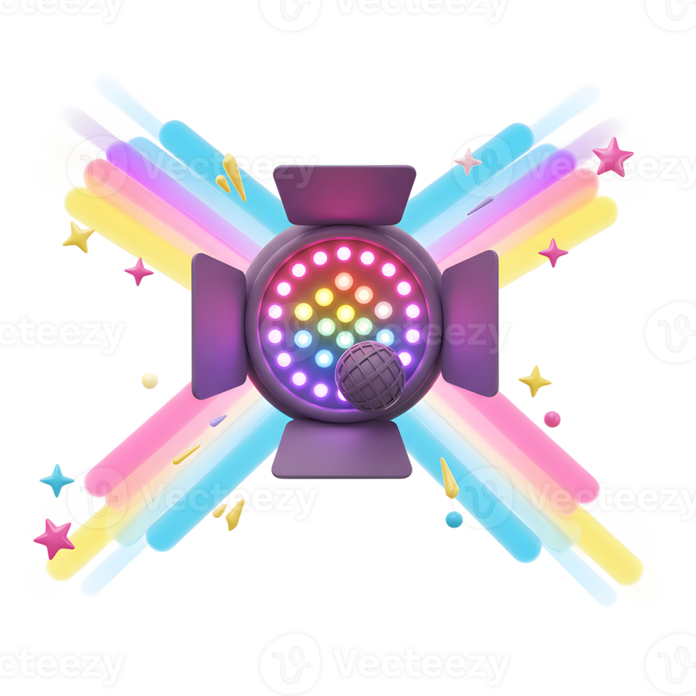 A purple stage light emits rainbow light and surrounds with star, creating a bright and fun atmosphere, perfect for a party decoration. png