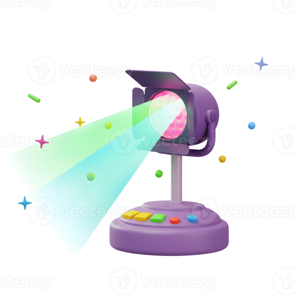 A spotlight illuminates the scene, surrounded by colorful confetti against a white background, creating a vibrant and festive atmosphere, making it suitable for parties or celebrations. png