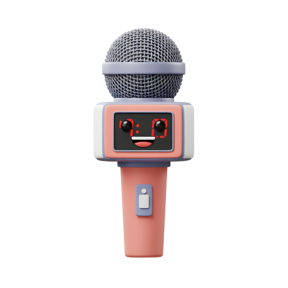 A cartoon microphone with a display on it is shown with a smiling face, which can be used for audio purposes. png