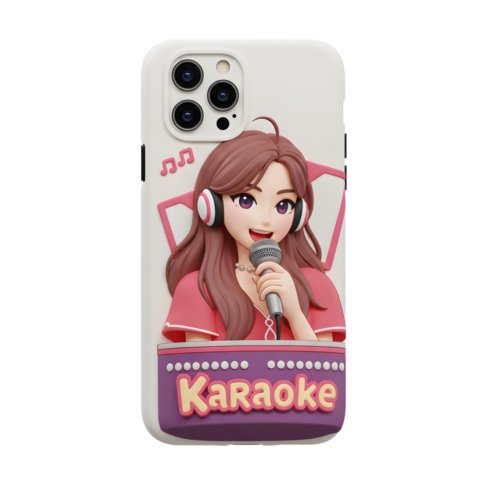 A white phone case features a cartoon girl with headset holding a microphone against a pink background singing karaoke, perfect for accessorizing your device. png