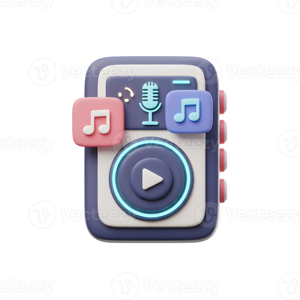 A 3D music player with music note and microphone icons creates a playful and inviting interface for listening and recording audio. png