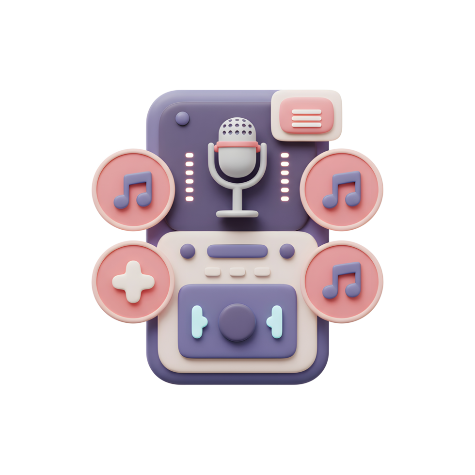 This 3D render depicts a stylized music app interface with a microphone, music notes, and play button, perfect for visualizing audio editing or music creation. png
