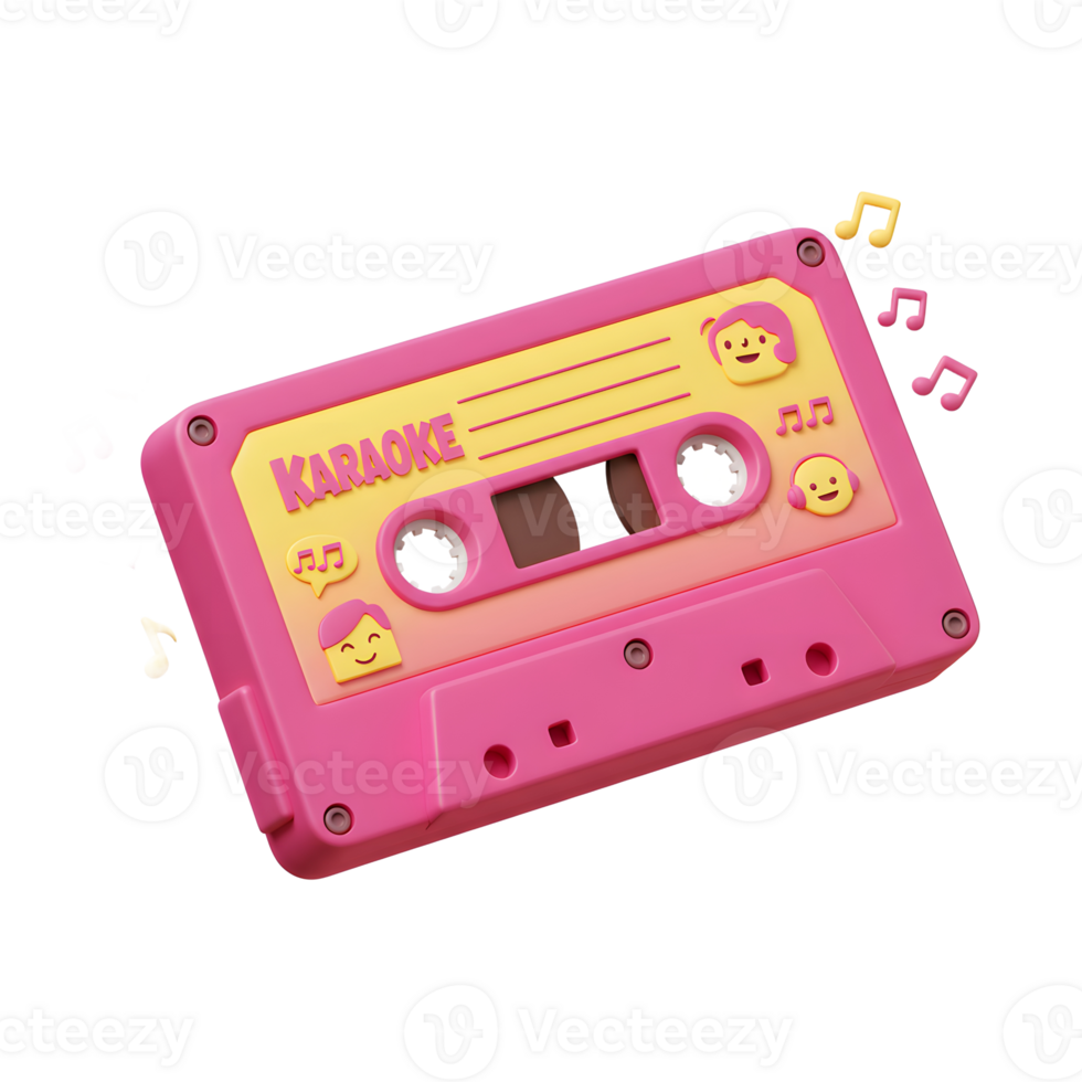 Illustration of a pink and yellow karaoke cassette tape with musical notes and emoji, perfect for fun and creative projects. png