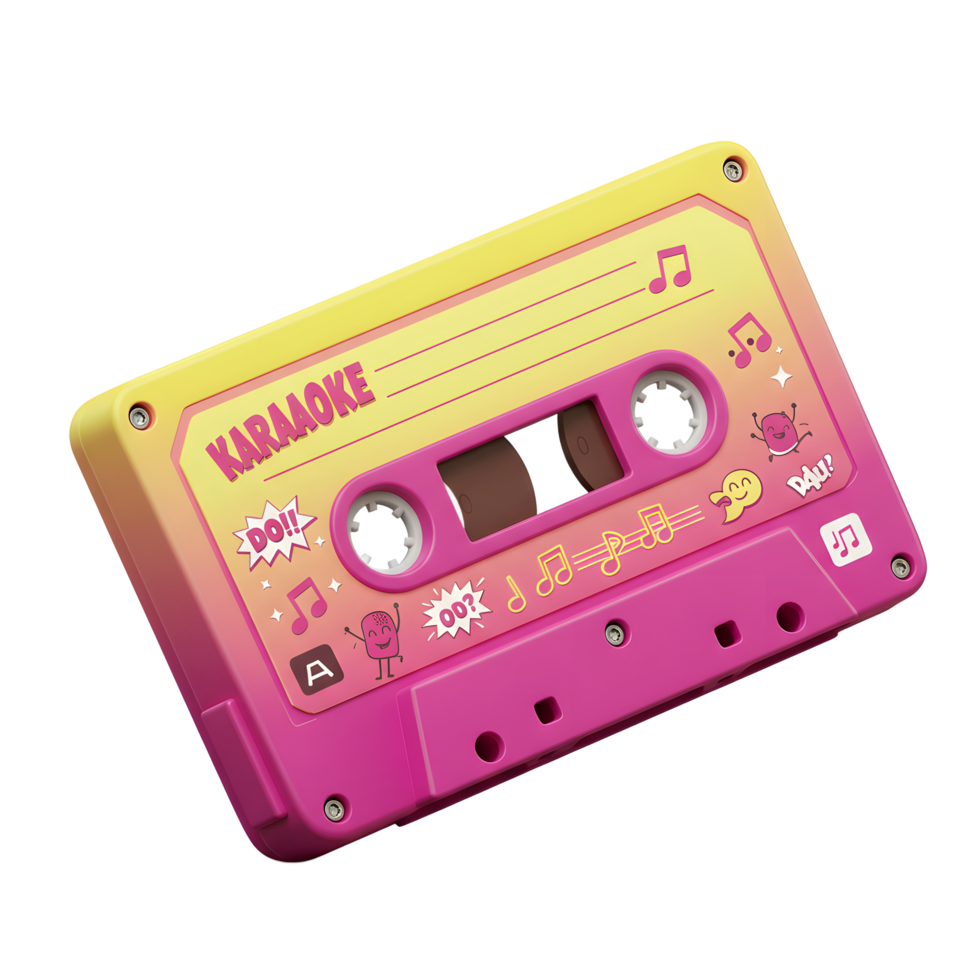 A pink and yellow cassette tape labeled Karaoke features musical notes and cartoon character illustrations, ideal for playing audio recordings. png