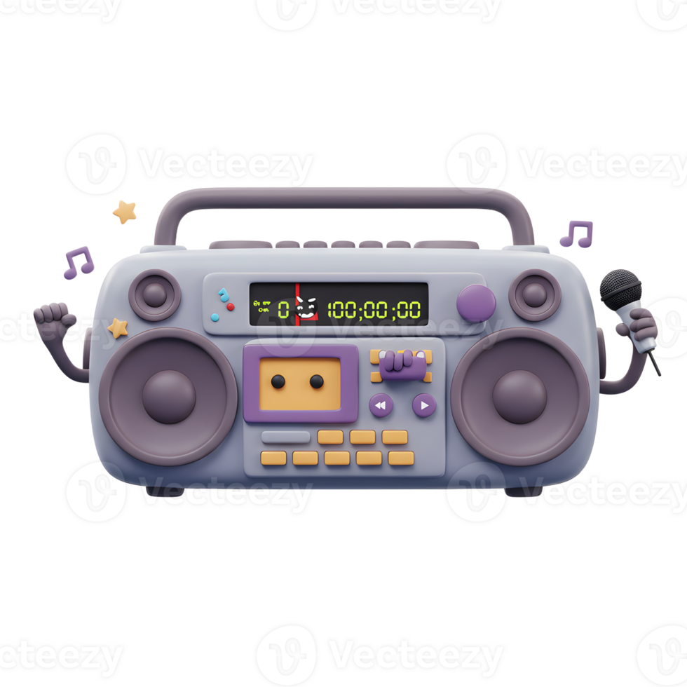 Cartoon boombox with arms and microphone sings a song for listening to music and entertainment. png