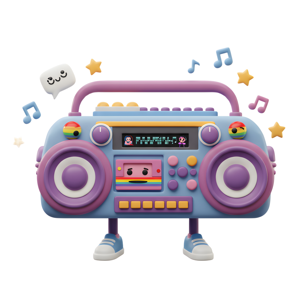 Cartoon boombox with legs is surrounded by stars and music notes, suggesting happy and whimsical design for children's content. png