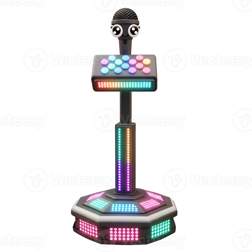 A karaoke machine with eyes sits on a base surrounded by colorful buttons, designed for entertainment. png