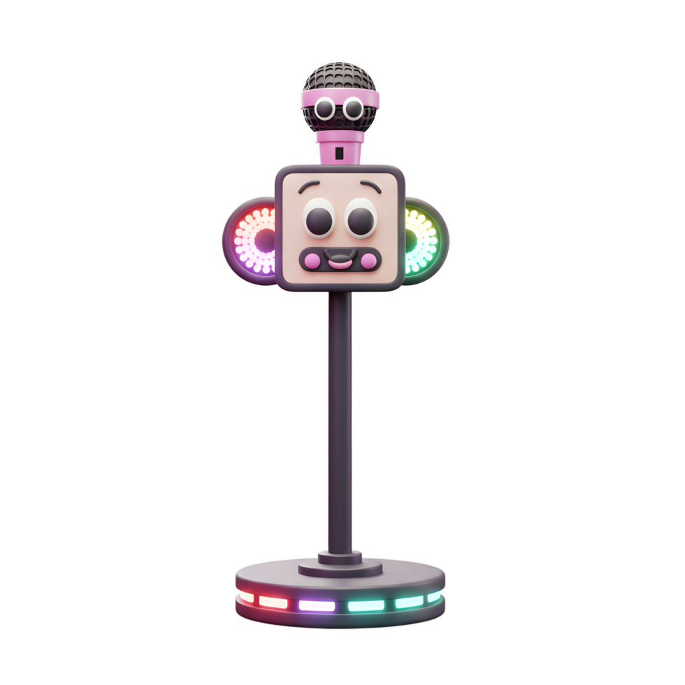 This karaoke machine has a cartoon face, microphone and lights, making it perfect for kids entertainment. png