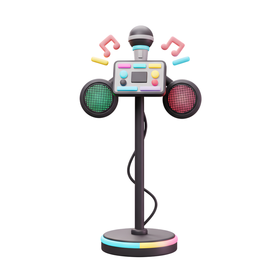 A toy microphone on a stand with colorful lights and music notes creates a fun and engaging play experience for children. png