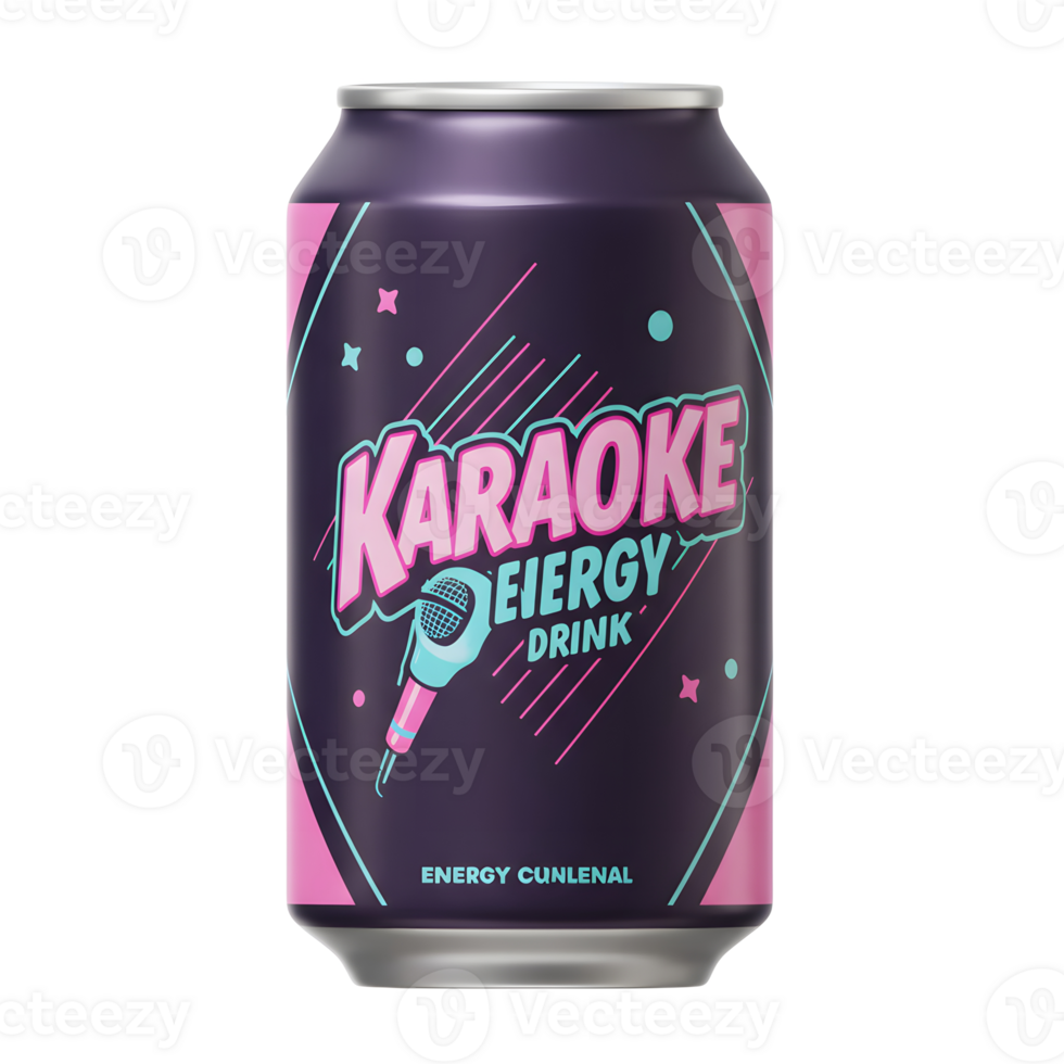A purple energy drink can features a karaoke theme and a microphone graphic, ideal for enjoying while singing. png