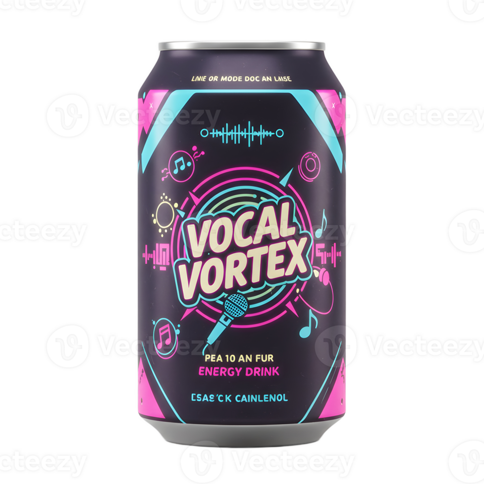 A dark can of energy drink is adorned with graphics featuring music notes and a microphone for refreshment. png