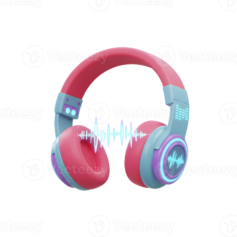 Pink and blue headphones display a sound wave between the earcups, ideal for listening to music or audio content. png