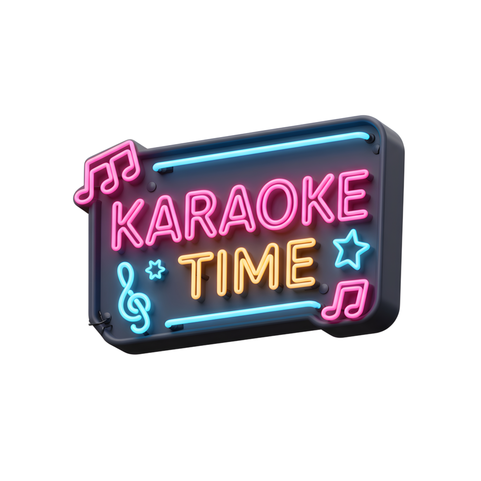 A colorful neon sign displays the words Karaoke Time along with music notes, star, and treble clef, perfect for attracting customers to a karaoke event. png