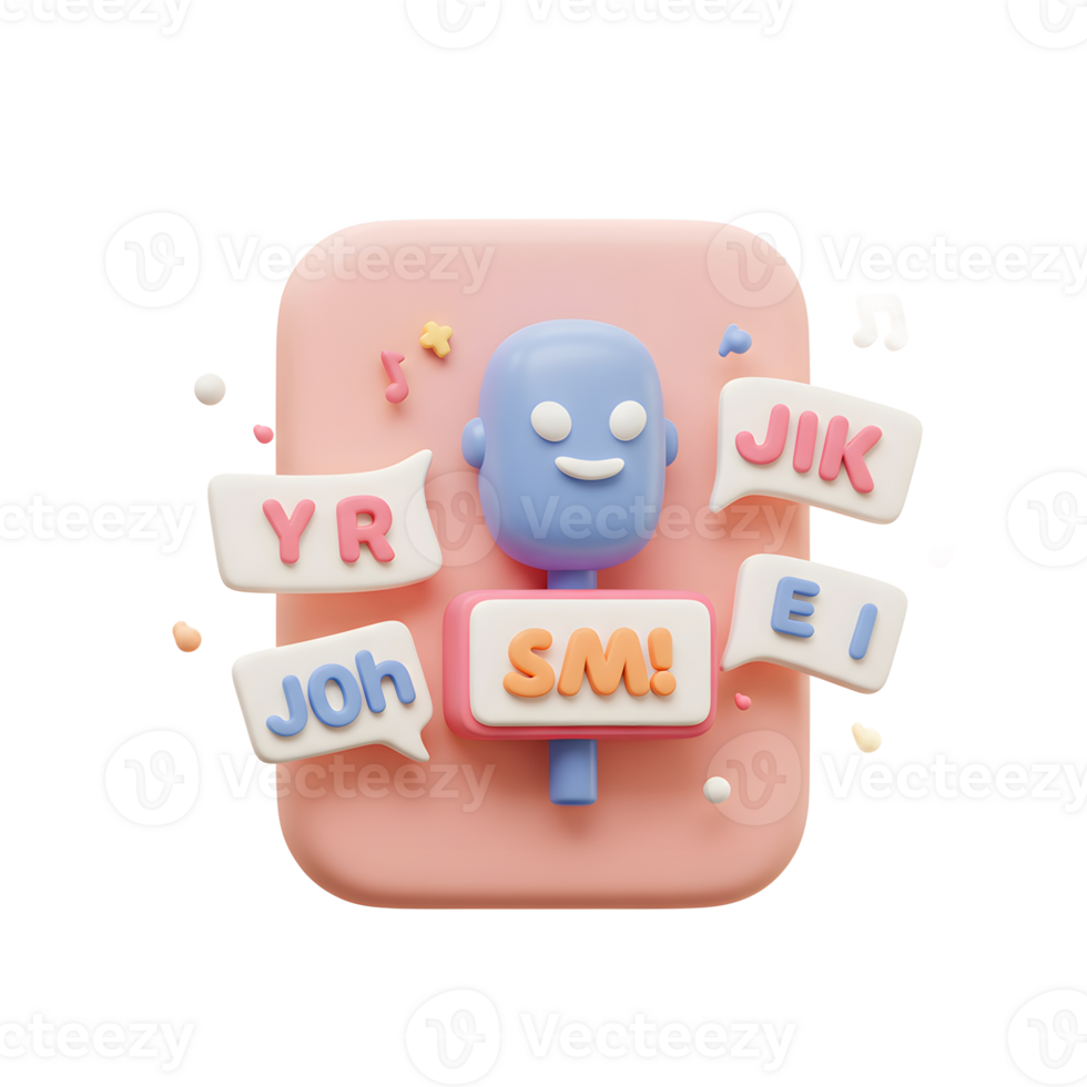 A cheerful cartoon robot is surrounded by speech bubbles containing various letters and symbols, creating a playful and lighthearted image for illustrations. png