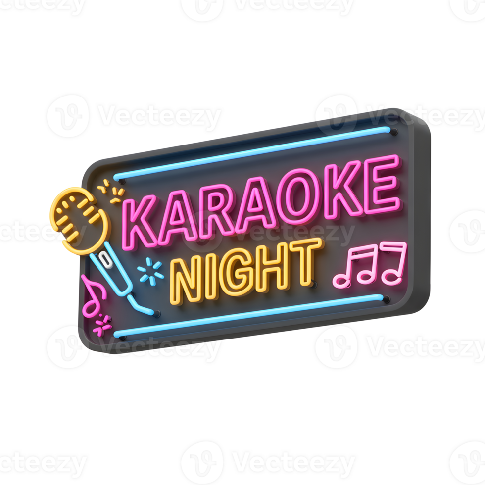 Brightly lit neon sign featuring karaoke night, a microphone, and musical notes, ideal for advertising a fun evening of singing and entertainment. png