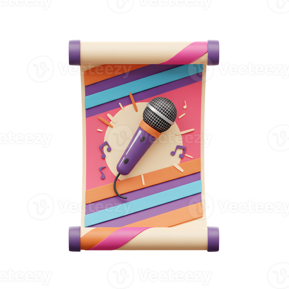 A microphone stands out against colorful stripes and music notes on a scroll, suggesting its use in promoting music events or lessons. png