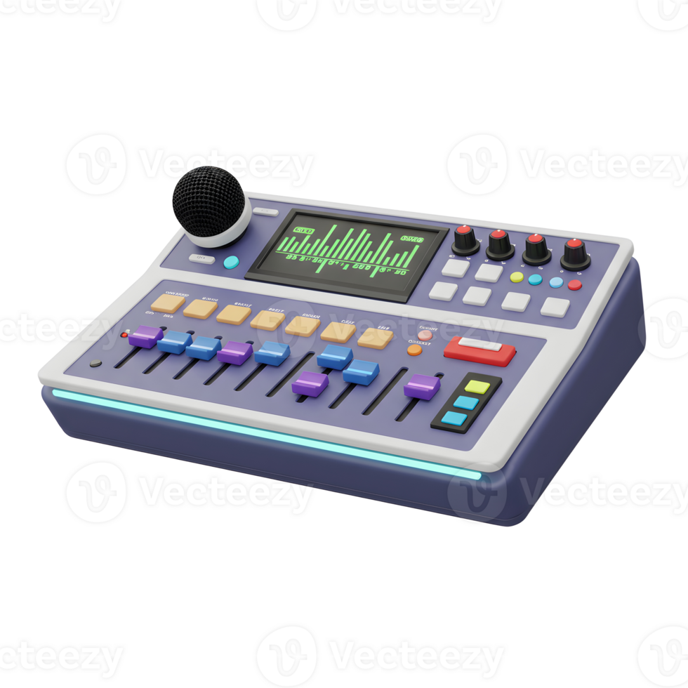 A sound mixer with a microphone sits on top, displaying audio levels on a screen, used for music production and sound recording. png