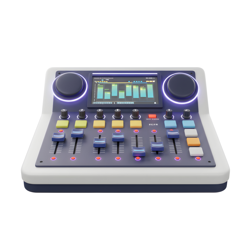 This is an audio mixing console with a screen, knobs, and sliders that can be used for mixing audio and creating professional sound productions. png