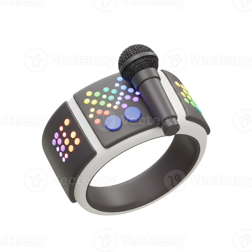 Close-up shows a ring microphone with colorful led light displays for digital communication or audio recordings. png