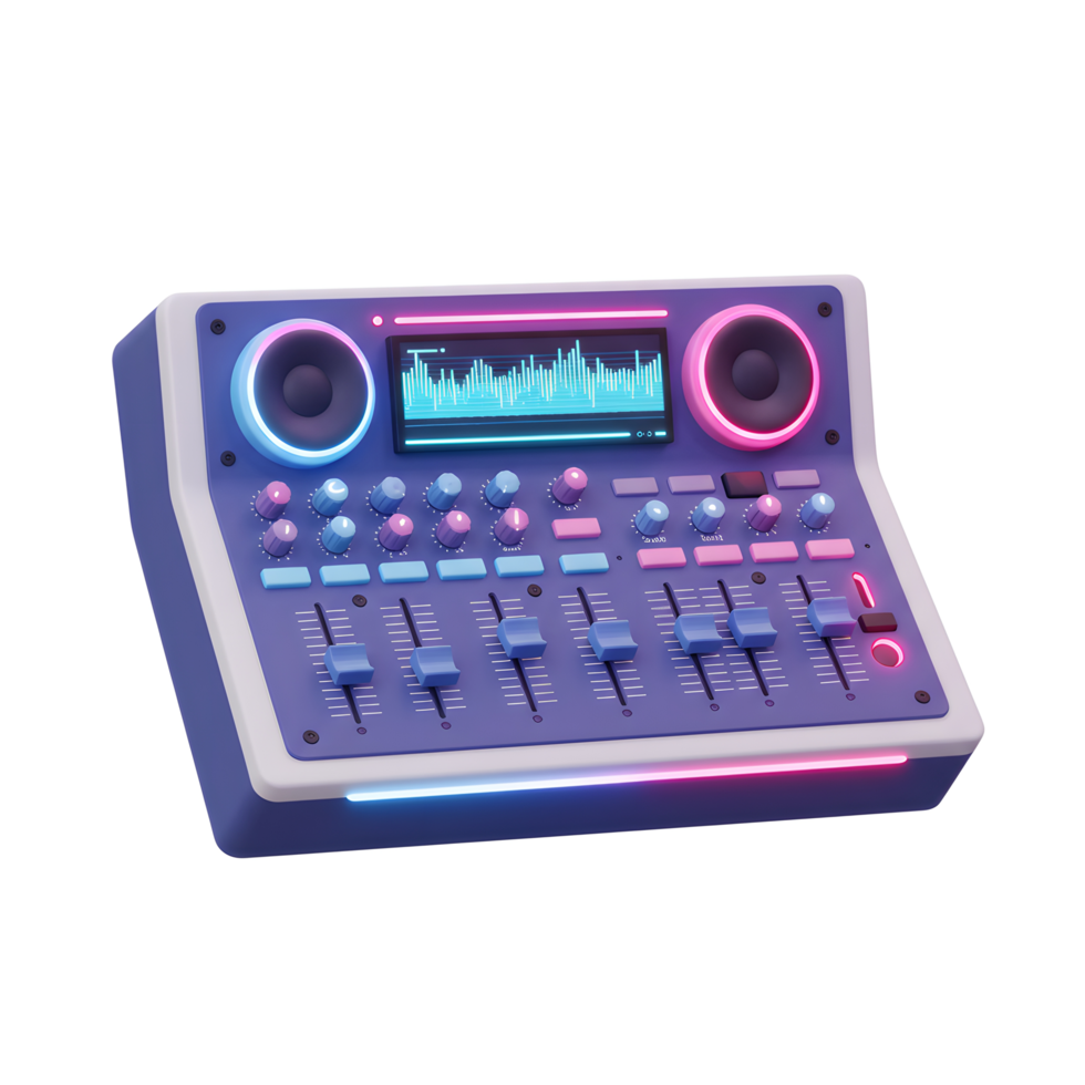 Purple and pink DJ audio mixer featuring an equalizer graphic on a display is shown for music production. png