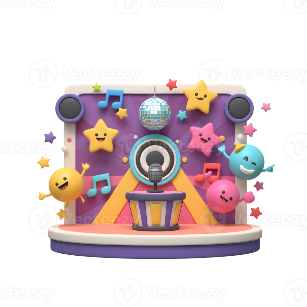 This vibrant cartoon scene features a stage with a microphone, stars, musical notes, and a disco ball, perfect for illustrations related to children's entertainment and musical performances. png