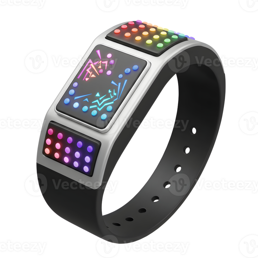 A digital wristband features colorful lights and a black band, offering a unique and modern accessory for fashion and personal expression. png